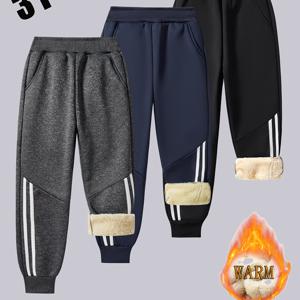 TEMU 3개 남아용 두꺼운 기모 안감 옆면 바지 - 탄성 허리 밴드, 단색 캐주얼 롱 팬츠 (가을/겨울용), 폴리에스터 혼방, 따뜻하고 스타일리시한 아웃도어 웨어, 남아를 위한 완벽한 선물, 남아용 겨울옷, 남아용 겨울 바지