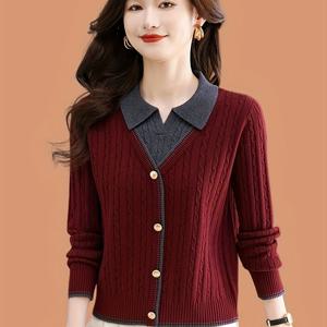 TEMU 여성용 우아한 투톤 가디건 - 긴 소매 버튼 프론트 스웨터, 칼라 포함, 버건디 & 그레이 컬러 블록, 패션 감각 있는 여성용 가디건, 컬러 스톤이 있는 겨울 니트웨어, 여성용 겨울 카디건