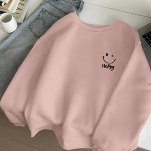 TEMU 2025 신상 여아용 오버사이즈 - 부드러운 파스텔 핑크 긴팔 라운드넥 스웨터, 기쁨의 얼굴 & 해피 레터링, 슈퍼 루즈핏 캐주얼 봄/가을 레이어링 탑, 캐주얼 복장 & 테마 이벤트용 세탁기 사용 가능, 여아를 위한 편안한 데일리 스웨터, 기하학적 패턴이 돋보이는 릴랙스 핏, 핑크 & 블랙 디자인, 봄과 가을 시즌에 적합,