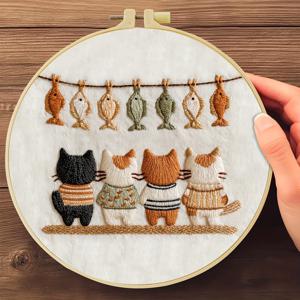 TEMU 자수 키트, 20x20cm/7.9x7.9인치, 고양이 실루엣, 초보자용 자수 키트, 원단, 설명서, 후프 및 바늘 포함, 친구 또는 가족을 위한 완벽한 선물, 핸드메이드 사무실 아트, 다이 공예 키트, 취미, 프랑수자수패키지 세트, 펀치 니들, 자수패키지 세트, 자수도안