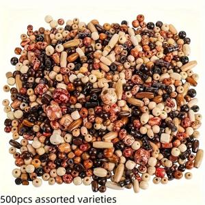 TEMU 500개 혼합 패턴 나무 비즈 세트 - 다색 대형 구멍 주얼리 만들기용, DIY 팔찌 & 목걸이 제작 - 천연 나무 공예 비즈, 소규모 사업자 공급품, 연마된 마감 나무 비즈, 목공예 재료