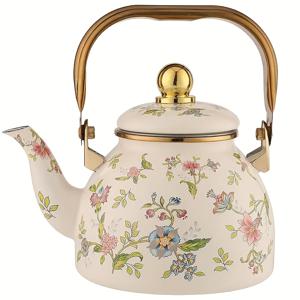 TEMU 에나멜 티포트 인퓨저 포함 - 1.2L 에나멜 플로럴 티케틀 뚜껑 포함, 빈티지 바이올렛 라운드 바닥 - 다목적 에나멜웨어 가스레인지, 인덕션, 가스용 - 주방, 식탁 서빙에 이상적