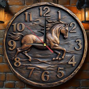 TEMU 1개 빈티지 말 디자인 원형 나무 벽시계 - 팜하우스 스타일 무소음 배터리 작동 (AA 배터리 미포함) 9.8x9.8인치 러스틱 홈 데코, 주방/침실/사무실용 - 완벽한 크리스마스 선물, 거실 소형 벽시계