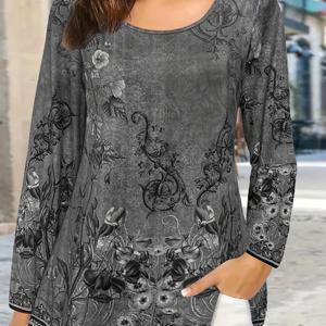 TEMU 빈티지 블랙 & 그레이 플로럴 리조트 티셔츠 - 여름 캐주얼 긴팔 블라우스, 중간 신축성 원단, 기계 세탁 가능한 리조트웨어 탑, 해변 휴가 및 일상 스타일용
