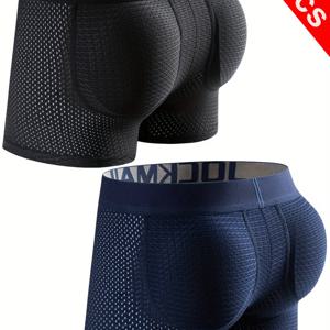 TEMU 2pcs JOCKMAIL 남성용 통기성 메쉬 박서 브리프, 제거 가능한 패딩 힙 인서트 - 신축성, 살빼는 효과, 백색화, 캐주얼한 의상에 편안한 속옷, 일상 속옷 | 세련된 박서 반바지 | 통기성 메쉬 재질