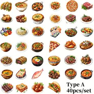 TEMU 40개 세트의 우아한 빈티지 아침 식사 및 브런치 음식 스티커, 자체 접착, 재사용 가능한 DIY 장식, 스크랩북, 일기, 노트북용 - 팬케이크, 피자, 스시, 고기, 야채, 해산물 디자인 포함, 노트북 장식 | 우아한 음식 디자인 | 내구성 있는 스티커, 음식 스티커