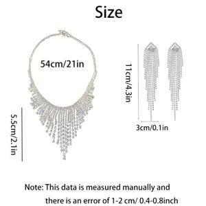 TEMU 3피스 세트, 타슬 목걸이와 귀걸지, 아연 합금제작, 라인석 장식, 유럽&미국풍 디자인, 연회·파티용|은목걸이