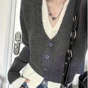 TEMU 여성용 V넥 가디건 - 긴소매 레이어링 스웨터, 버튼 앞면 클로저, 시크한 오피스부터 파티까지의 의상, 여성용 봄/가을 전환 시기 시크한 스웨터, 가디건 스웨터, 봄 가을 의류, 비대칭 디자인, 스타일리시한 아우터|가디건|옷|빅사이즈