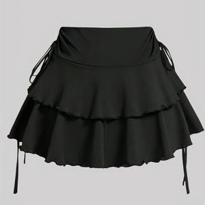 TEMU 플러스 사이즈 단색 컬러 옆 끈 스커트, 캐주얼 티어드 미니 스커트 (봄 & 여름), 여성 플러스 사이즈 의류