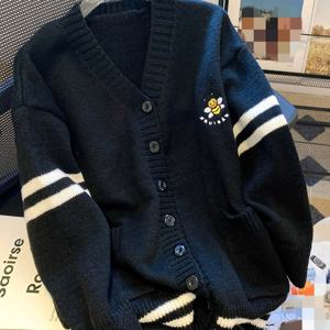 TEMU 꿀벌 & 패턴 프런트 카디건, 우아한 V넥 롱슬리브 니트 카디건 상의 봄 & 가을, 여성 의류