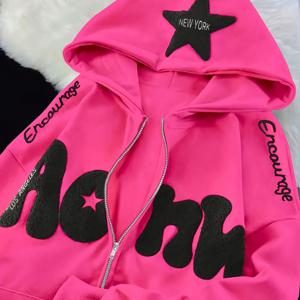 TEMU 여성용 네이비 블루 후드티 - 자수 글자 & 별 그래픽, 캐주얼 스트리트웨어 풀오버, 전면 지퍼 클로저, 사계절 편안한 착용감