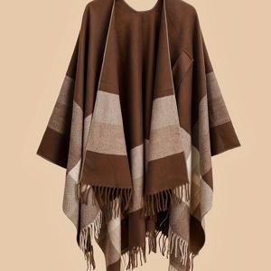 TEMU 플러스사이즈 오픈프론트 프린지 숄 가디건, 캐주얼 케이프 스웨터 - 가을 겨울 저녁에 어울리는 웨어러블 담요