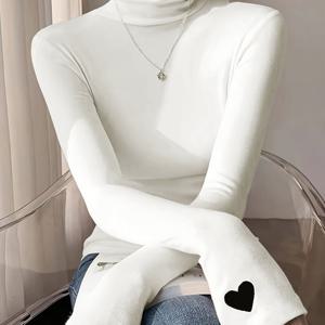 TEMU 1pc 여성용 캐주얼 스포티한 터틀넥 티셔츠, 하트 패턴, 폴리에스테르 니트 직물, 슬림 핏 편안한 상의, 사계절용품