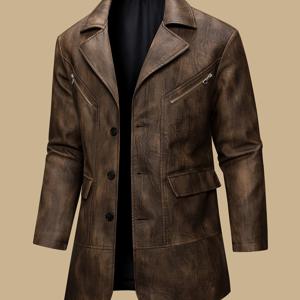 TEMU 남성용 PU 가죽 트렌치코트 - 브라운/블랙, 풀지퍼 롱재킷 with Lapel Collar, 비즈니스··일상에 적합한 헤비듀티 - 포멀 & 캐주얼 아우터웨어 코트 - 이지 케어 PU 가죽 자켓