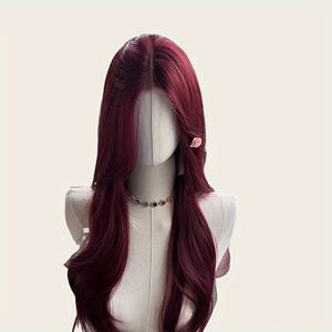 TEMU 여성을 위한 우아한 빨간 몸매 웨이브 모발, 4x1 레이스 프론트, 중간 부분에 프론트, 고온 섬유, 130% 밀도 풀 헤드 모발