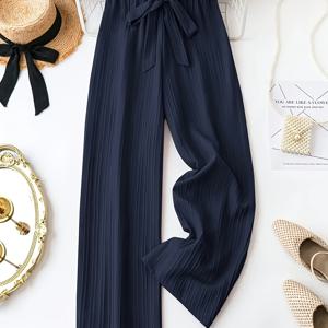 TEMU 플러스 사이즈 - 여성용 우아한 텍스처드 와이드 레그 팬츠, 리본 디테일 - 봄, 여름 및 가을을 위한 빛나는 청색 단색, 루즈핏 레그 바지, 다용도 캐주얼에서 정장까지, 계절 패션, 신축성이 없는 소재