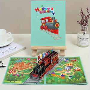 TEMU 1개 3D 작은 기차 그린 팝업 생일 카드 (봉투 및 메모 포함), 수제 종이 조각 인사말 카드, 수제 만화 카드, 가족과 친구를 위한 생일 선물 옵션, 파티 장식품