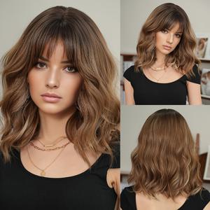 TEMU 남스 여성용 어시 브라운 투 베이지 옴브레 미디엄 길이 가발 - 150% 밀도 워터 웨이브 합성 헤어, 다크 루트 & 풍성한 자연스러운 룩, 데일리 및 파티용 열 저항성, 다재다능한 스타일링, 뷰티 강화