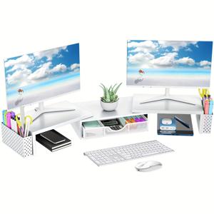 TEMU 서랍 및 펜 홀더 2개가 있는 듀얼 모니터 스탠드, 조절 가능한 금속 데스크 정리함, 사무용품 및 작업 공간 정리대, 남녀 선물용 홈 데스크 오거나이저|모니터받침대