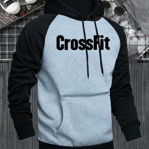 TEMU 남성용 크로스핏 그래픽 후드티 - 블랙 & 레드 컬러 블록, 짐프린트와 라글란소매, 앞포켓 | 통기성 있는 운동복과 캐주얼룩에 적합한 가을/겨울 아우터웨어 | 세탁기 사용 가능, 편안한 착용감, 내구성 있는 소재, 피트니스 애호가 및 액티브 라이프스타일을 위한 인쇄된 후디|짐웨어|헬스복