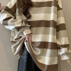 TEMU 여성용 오버사이즈 레트로 티셔츠 - 루즈핏 긴팔 블라우스, 블랙/화이트/베이지 수평 , 짧은 레이어드 칼라 & 텀미 컨트롤, 봄/가을 레이어링용 (캐주얼 & 유니폼)|블라우스|빈티지|반팔티