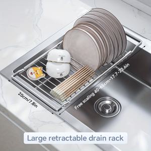 TEMU 싱크대 또는 조리대에 사용할 수 있는 확장 가능한 304 스테인리스 스틸 접시 건조 랙, 다기능 금속 물받이, 싱크대 위 수납 선반|식기건조대|싱크대수전|식기건조기