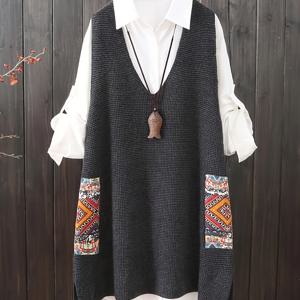 TEMU 1pc 여성용 플러스 사이즈 캐주얼 V넥 아크릴 니트 드레스, 컬러 블록 패턴, 약간 늘어나는 원단, 봄/가을용 포켓 디테일