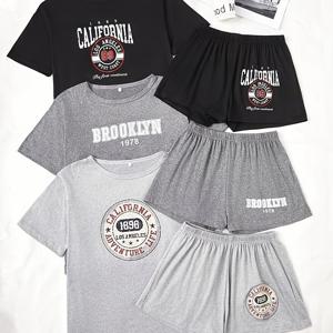 TEMU 3pcs 캐주얼 파자마 세트, 폴리에스테르 95% 엘라스탄 5%, 성인 크루 넥 반팔 상의 및 반바지, 문자 프린트, 니트 소재 리본 디테일, 알파벳 패턴 수면복, 봄/여름/가을용