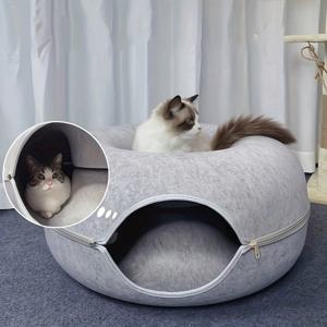 TEMU 인터랙티브 펠트 터널이 있는 아늑한 도넛 모양 고양이 침대 – 소형부터 중형 고양이, 페럿, 토끼를 위한 부드러운 캔버스 놀이 및 훈련 장난감, 회색 또는 다양한 색상의 이중 목적 편안한 은신처, 새끼 고양이 침대