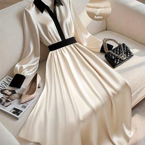 TEMU 여성용 우아하고 대비되는 드레스 - 긴소매 A라인 실루엣, 라펠 칼라, 오피스 및 파티용 구조적인 핏