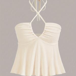 TEMU 크로스 프론트 러셔드 홀터 탑, 캐주얼 타이 백 썸머 슬리브리스 탑, 쿼테트/귀트/Y2K 스타일의 여성 의류