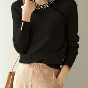 TEMU 여성용 솔리드 비즈 스웨터 - 롱 슬리브 라운드 넥 비즈 버튼 프론트 스웨터 탑, 캐주얼 & 드레시 웨어용 올시즌 블라우스, 미디엄 스트레치 솔리드 컬러 베이스 (손세탁/드라이클리닝) - 청바지/드레스/스커트와 함께 활용 가능한 다용도 레이어링 아이템