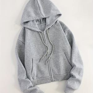 TEMU 여성용 코지 플리스 라이닝 후드付き 자켓 - 캐주얼 롱 슬리브 풀오버 후드, 회색, 드로스트링 후드 및 전면 포켓이 있는 가을/겨울