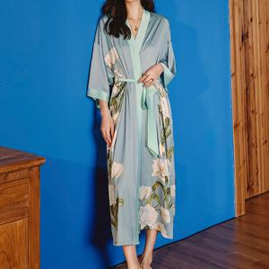 TEMU 여성용 우아한 중국풍 모란 꽃무늬 V넥 가운 - 가벼운 봄/가을 세탁기 사용 가능 홈웨어 & 라운지웨어, 조절 가능한 허리 끈이 있는 레이스 원단