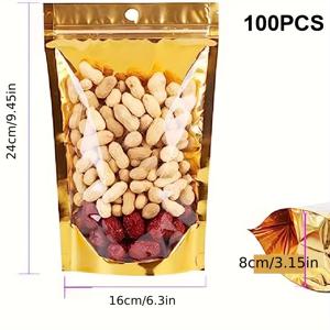 TEMU 100개 팩 골든 알루미늄 호일 지퍼락 백, 재사용 가능 식품 보관 파우치, 매달 수 있는 구멍, 크리스마스, 할로윈, 부활절, 하누카, 추수감사절용 플라스틱 포장