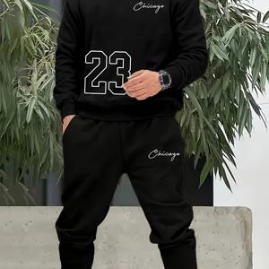 TEMU 남성 스포츠 스웨트 슈트 세트 폴리에스터 크루 넥 긴팔 상의 조절 가능한 끈 조깅 바지 프린트 편안한 운동복 달리기 및 운동용 - 크루 넥, 약간 늘어나는 니트 원단, 일반 핏 속눈썹 세트