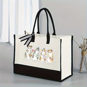 TEMU 스타일리시 고양이 프린트 토트백, 장난기 넘치는 고양이 일러스트레이션, 여행 및 쇼핑용 가벼운 나일론 캐리어, 오픈탑 디자인, 흰색과 검은 손잡이, 캐주얼 외출에 완벽한 백, 여행용 토트백 | 장식적인 리본 악센트 | 나일론 토트백