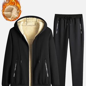 TEMU 남성용 플리스 안감 레터 장식 지퍼업 후디 + 스웨트팬츠 세트, 가을과 겨울을 위한 캐주얼 웜 코디 세트