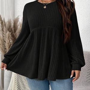 TEMU 여성용 플러스 사이즈 캐주얼 리브드 반팔 풀오버 탑, 폴리에스테르 니트 긴팔 튜닉 블라우스, 가을/겨울용 - 단색, 라운드 넥, 패딩 없음|반팔블라우스