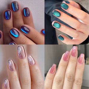 TEMU 108개 광택 있는 짧은 사각형 오로라 인조 네일 세트, 오로라 블루, 글로스 레드 퍼플, 문라이트 핑크 화이트 및 호수 그린 글리터 인조 네일, 전체 커버리지 인조 네일과 네일 파일 포함, 재사용 가능한 여성 예술적인 인조 네일 장식 용품