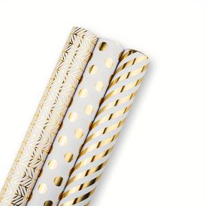TEMU 골든 & 화이트 호일 포장지 3롤 - 총 면적 42.5제곱피트, 우아한 도트무늬, 기하학 및 줄무늬 디자인으로 크리스마스, 파티, 결혼식, 생일에 적합