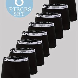 TEMU 8pcs 세트 남성용 헬로우 프린트 박서 브리프 - 폴리에스터와 스판덱스 혼방 소재로 제작된 편안하고 통기성 좋은 스타일리시한 데일리 및 캐주얼 착용용 브리프, 편안한 속옷,통기성 속옷,트렌디한 속옷,모던 핏,신축성 있는 소재,멀티팩 속옷,일상 필수품