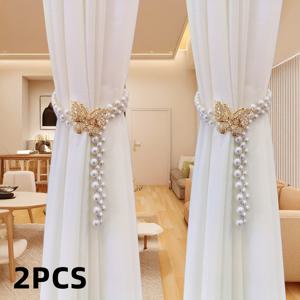 TEMU 2개 세트 우아한 나비 커튼 타이백 - 인조 진주 & 장식이 있는 조절 가능한 탄성 홀드백, 거실 및 침실용 골든 메탈 드레이퍼리 홀더, 럭셔리 터치, 같은 장식