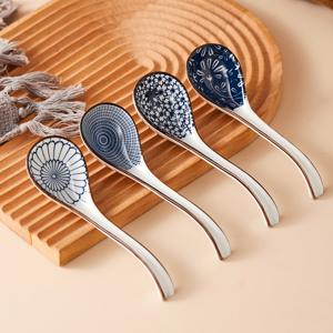 TEMU 4개 세트 일본 스타일 꽃무늬 블루 화이트 광택 도자기 라면 숟가락, 긴 손잡이 구멍 디자인으로 걸어두기 가능, 수프·죽·밥 등에 완벽한 서빙용