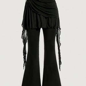 TEMU 여성용 블랙 플레어드 팬츠 - 조절 가능한 드로스트링 허리, 비침 방지 소재, 적당한 신축성, 파티/일상/정장용, 세탁기 사용 가능 사계절 바지, 스트릿웨어 패션, 트렌디 디자인, 고품질 스티칭, 스타일리시 하의, 패션 애호가