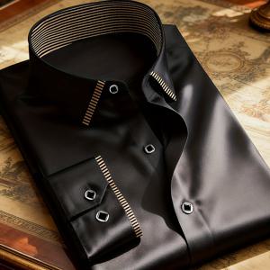 TEMU 남성용 슬림핏 블랙 드레스 셔츠 - 골드톤 & 화이트 파이핑 칼라, 주름 방지 빠른 건조 100% 폴리에스터, 맞춤형 비즈니스 & 파티웨어, 사계절 정장 스타일 재킷 (세탁기 사용 가능)