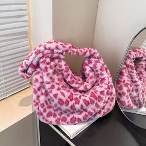 TEMU 여성용 인조 모피 크로스바디 백, 고정 스트랩 - 핑크 & 브라운/베이지 프린트 핸드백, 부드러운 지퍼 잠금, 골드 톤 하드웨어, 캐주얼 데일리 지갑 (관리 불필요), 지갑, 여성용 소형 지갑 및 핸드백, 여성용 지갑