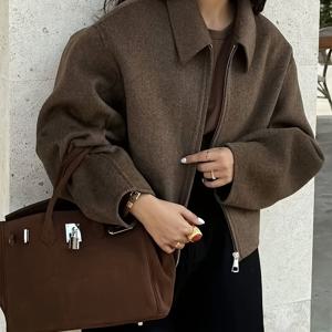 TEMU 여성용 빈티지 스타일 브라운 트위드 재킷 - 지퍼 클로저가 있는 편안한 가을/겨울 코트, 루즈핏, 긴 소매, 버튼 디테일, 캐주얼 또는 세련된 의상에 완벽함, 캐주얼 겨울복 | 빈티지 자켓 | 지퍼가 달린 여성용 코트, 겨울 코트 여성용, 여성 자켓, 겨울/가을 자켓, 여성용 코트, 겨울 옷