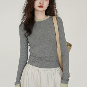 TEMU 여성용 슬림핏 컬러블록 모크 투피스 긴팔 티셔츠 - 짧은 길이 라운드넥 H-라인 탑, 회색 & 올리브 그린 레이어링 블라우스, 사무실에서 캐주얼 웨어까지, 봄/가을 전환 재킷 같은 셔츠|블라우스|반팔티|반팔티셔츠