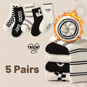 TEMU 5켤레 남아 & 여아 겨울용 따뜻한 미드-카프 양말 - 블랙 & & 추상 패턴, 부드러운 니트 원단, 탄성 커프스, 세탁기 사용 가능, 유아 & 아동 캐주얼 웨어, 귀여운 양말